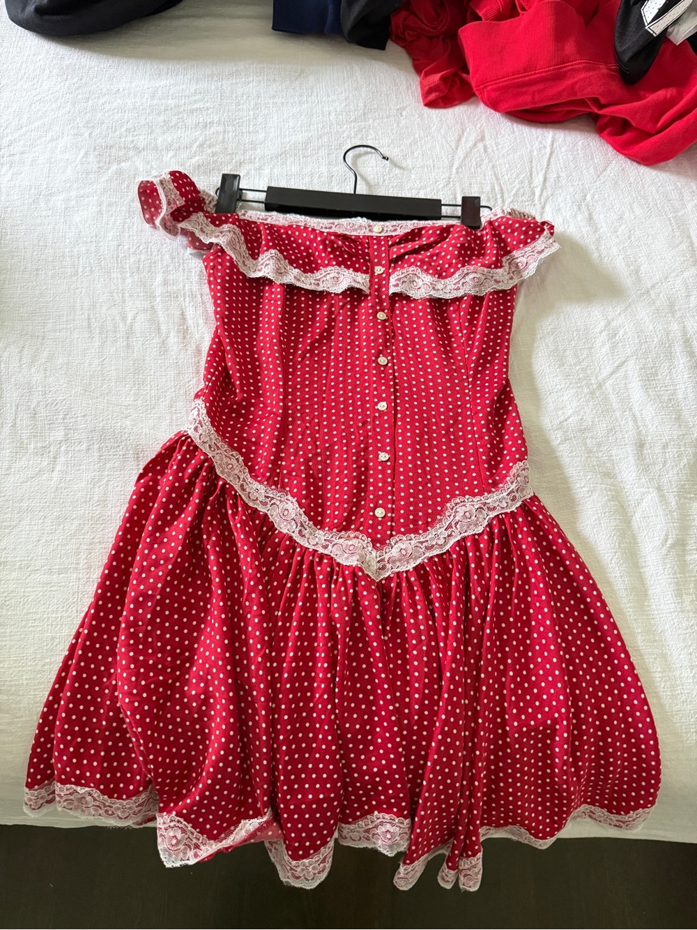 LIMITED EDITION Frankie’s Bikini’s Red Polka Dot Off-Shoulder Dress w/ Lace Trim